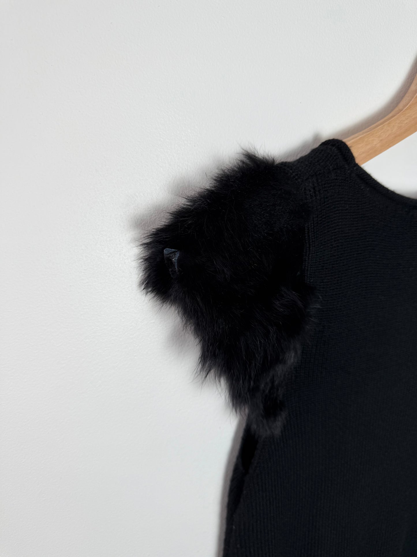 Y2K MVXSIN Women's Black Knit Top with Fur Shoulders & Silver Metal Detail