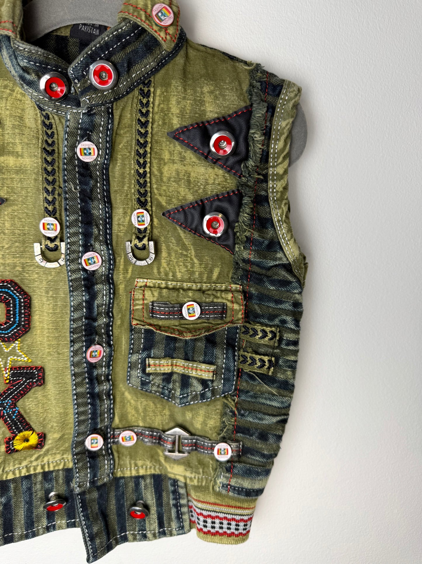 Y2K Kids' Green Denim Vest With Colorful Patches & Buttons