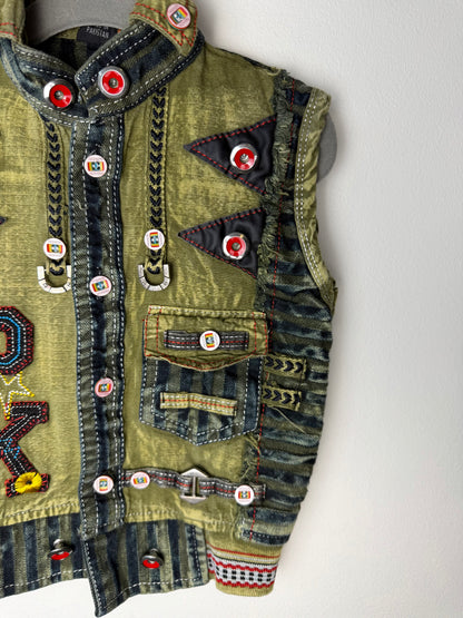 Y2K Kids' Green Denim Vest With Colorful Patches & Buttons