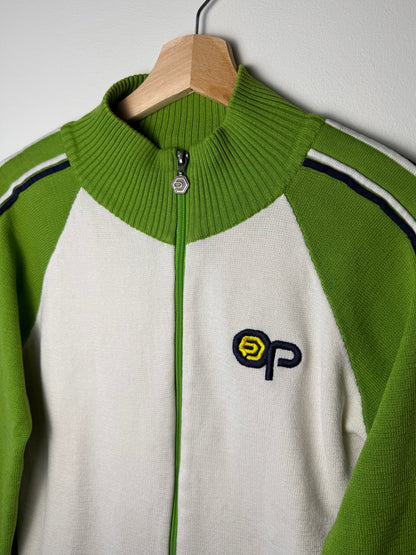 Y2K OP Women's Green & White Striped Zip-Up Sweater