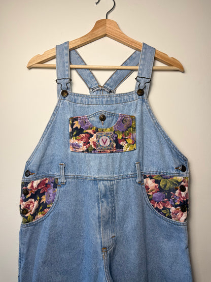 Vintage Women's Light-Wash Blue Floral Denim Overalls