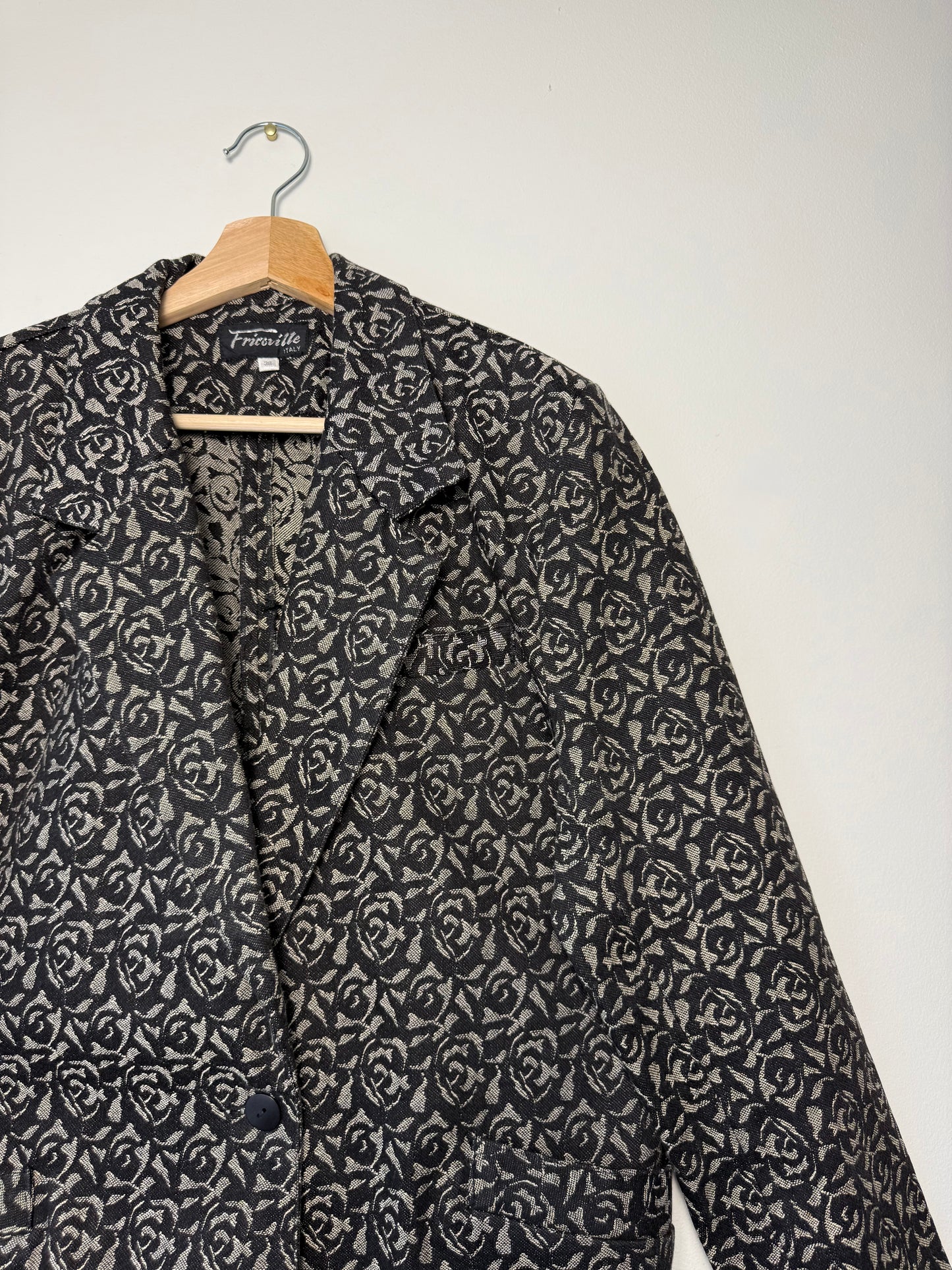 Vintage Fricoville Italy Women's Black & Gray Floral Jacquard Blazer