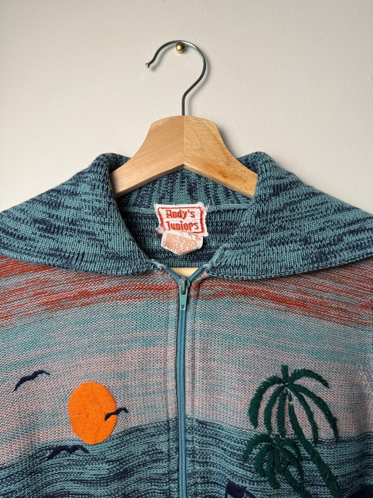 Vintage Andy’s Juniors Women's/Kids' Embroidered Beach & Sunset Zip-Up Cardigan