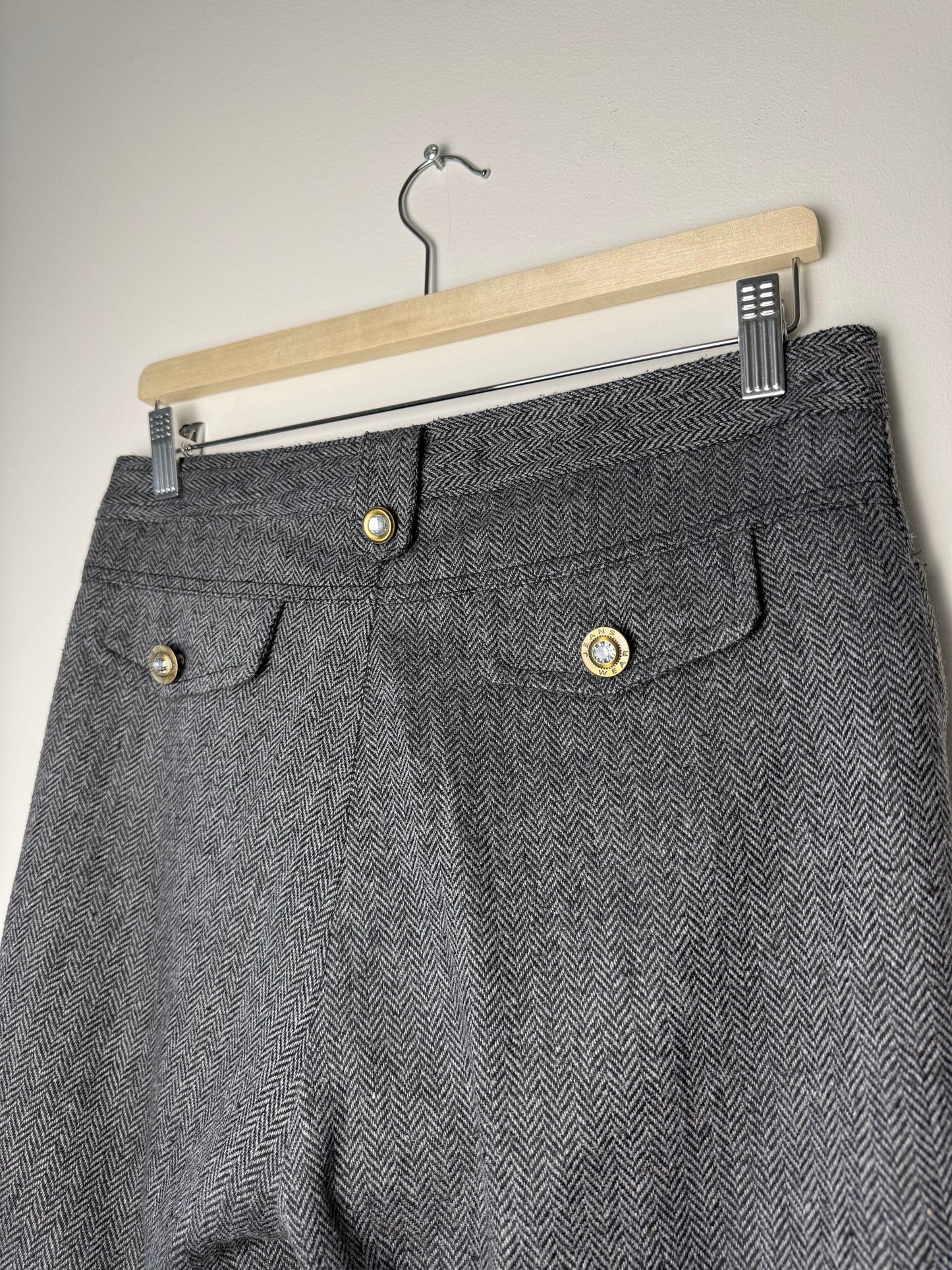 Y2K LAYAVI Women's Grey Herringbone Tweed Shorts with Gold Buttons