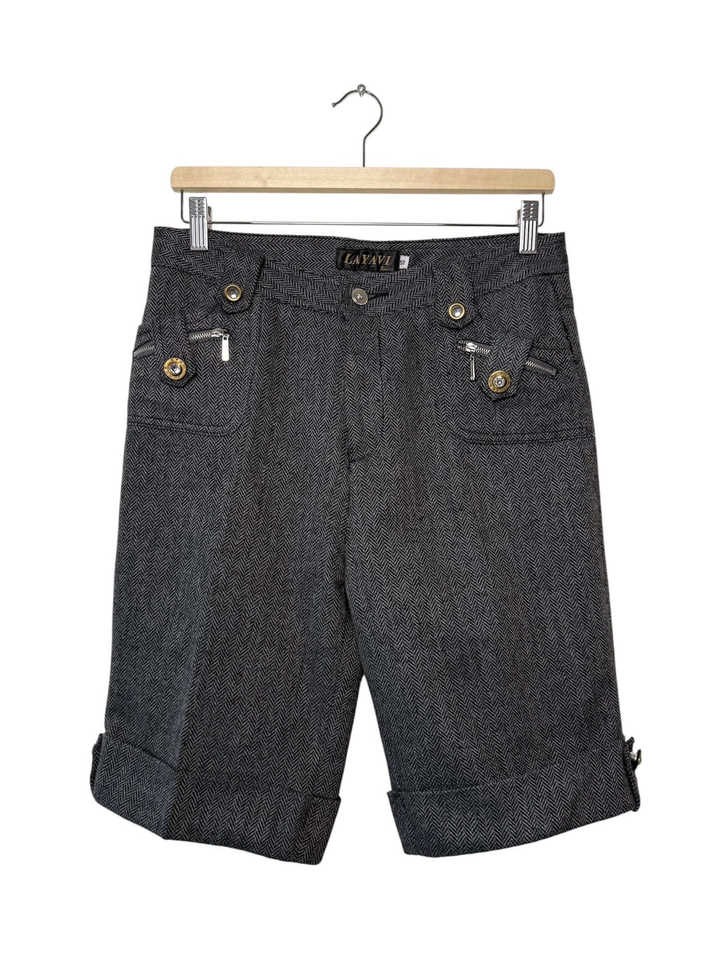Y2K LAYAVI Women's Grey Herringbone Tweed Shorts with Gold Buttons