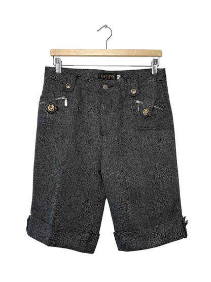 Y2K LAYAVI Women's Grey Herringbone Tweed Shorts with Gold Buttons