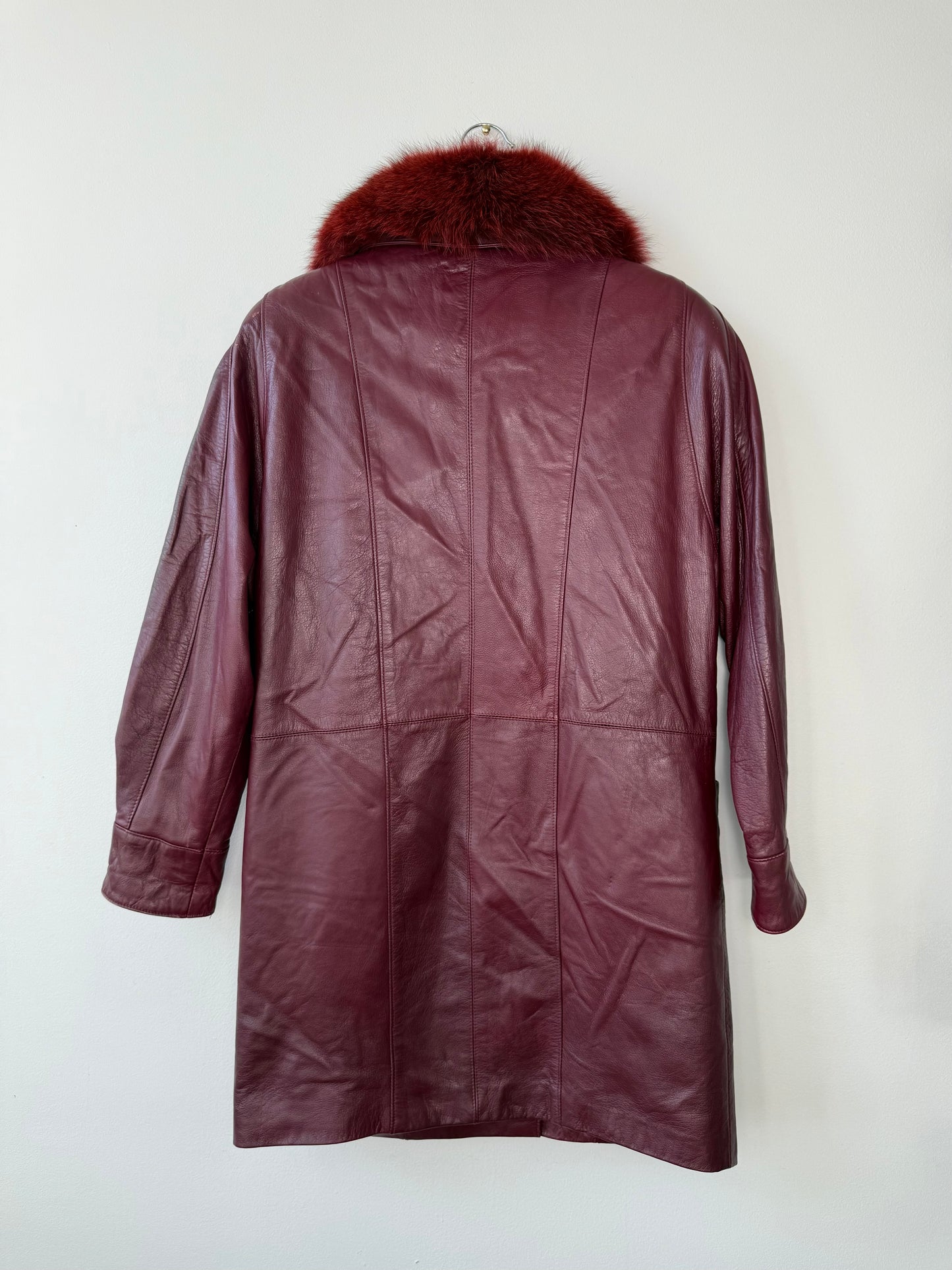 Vintage Women's Burgundy Leather Coat with Red Fur Collar