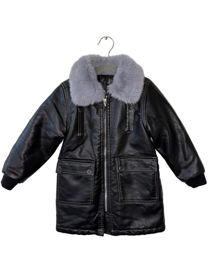 Y2K Girls' Black Long Leather Zip-Up Jacket with Grey Fur Collar
