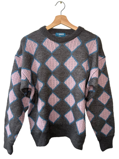 Vintage Signor Angelo Women's Gray & Pink Diamond Patterned Sweater