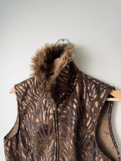 Unworn Power River Outfitters Women's Brown Zebra Faux Fur Zip-Up Vest