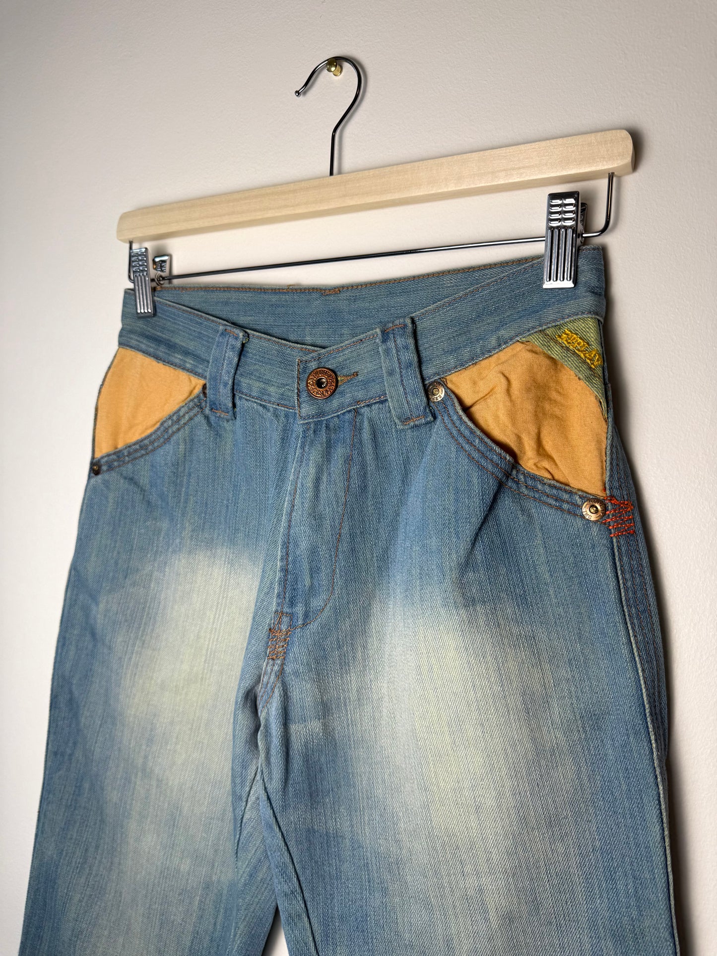 Y2K Replay Women's Blue Jeans with Yellow Pockets & Colorful Stitching