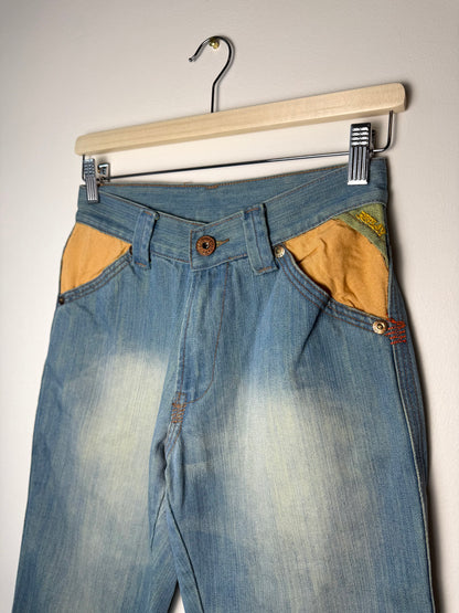Y2K Replay Women's Blue Jeans with Yellow Pockets & Colorful Stitching
