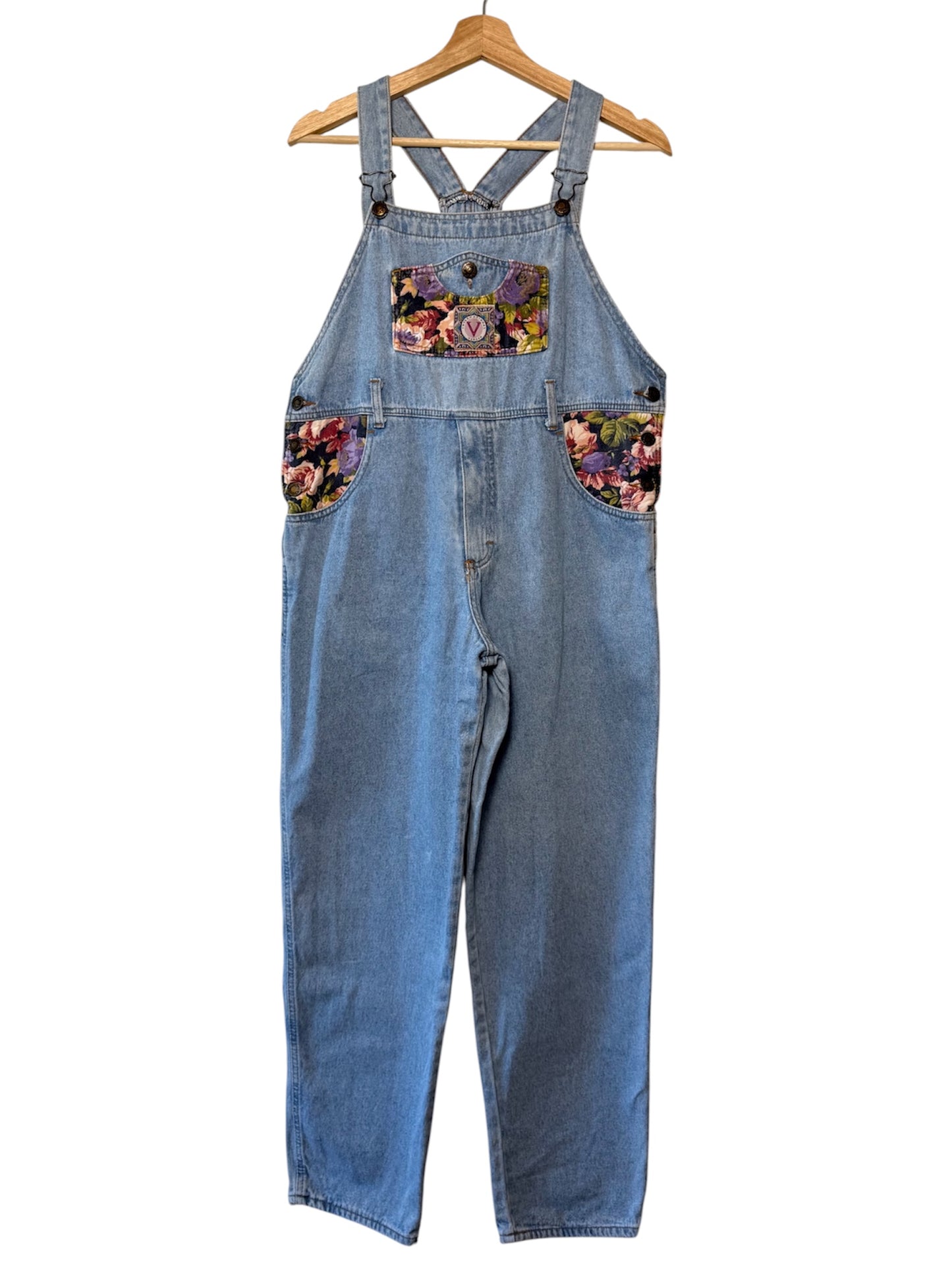 Vintage Women's Light-Wash Blue Floral Denim Overalls