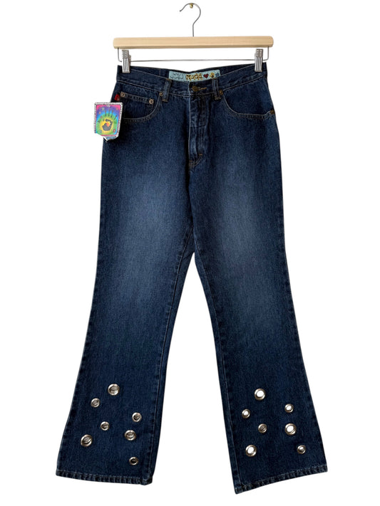 Unworn Vintage Y2K Mudd Girl's Dark Wash Flared Jeans with Silver Eyelets