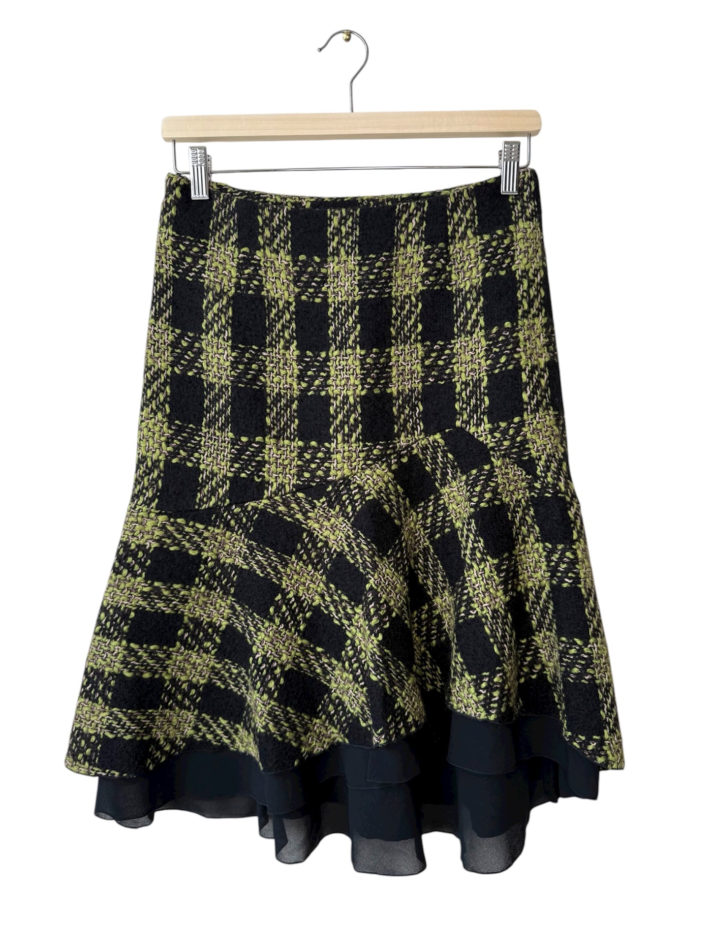 Unworn Y2K ENJOY Women's Black & Lime Green Plaid Tweed Skirt