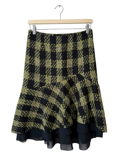 Unworn Y2K ENJOY Women's Black & Lime Green Plaid Tweed Skirt